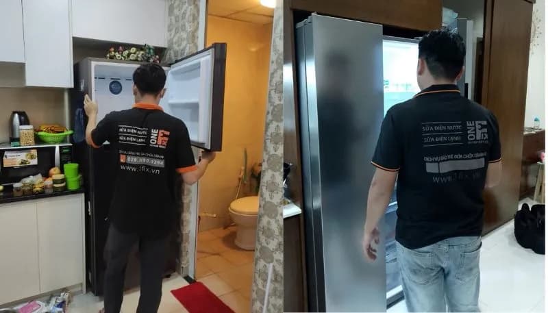 Hai thợ 1Fix sửa chữa tủ lạnh Samsung cho khách hàng