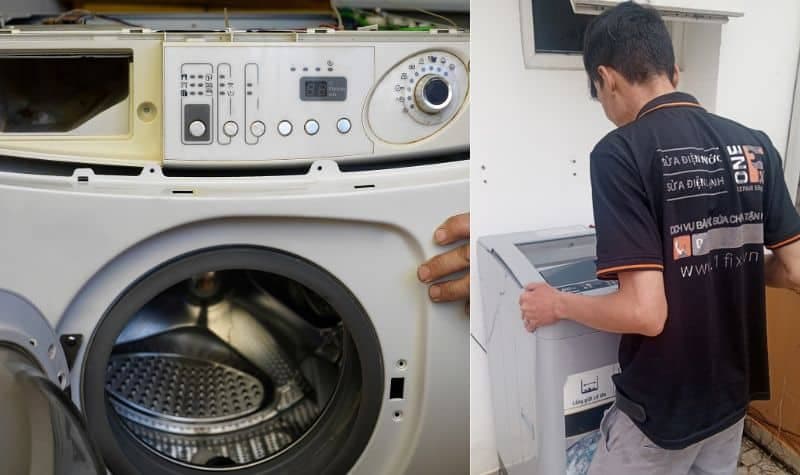 Thợ 1Fix đang kiểm tra và sửa máy giặt tại một gia đình ở quận Tân Phú.