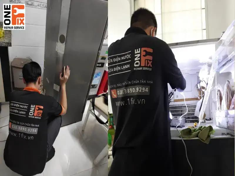 Kỹ thuật viên đang nạp gas cho tủ lạnh bằng các dụng cụ chuyên dụng.