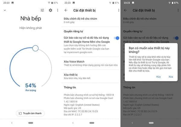 Giao diện ứng dụng Google Home trên điện thoại, hiển thị tùy chọn 'Xóa thiết bị' để reset cài đặt của loa Google Home Mini.