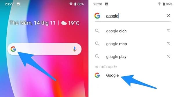 Giao diện tìm kiếm ứng dụng trên điện thoại, làm nổi bật ứng dụng Google để người dùng truy cập vào phần cài đặt Trợ lý.