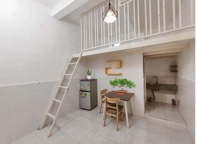 Thiết kế phòng trọ 15m2 có gác lửng giúp tăng gấp đôi diện tích sử dụng.