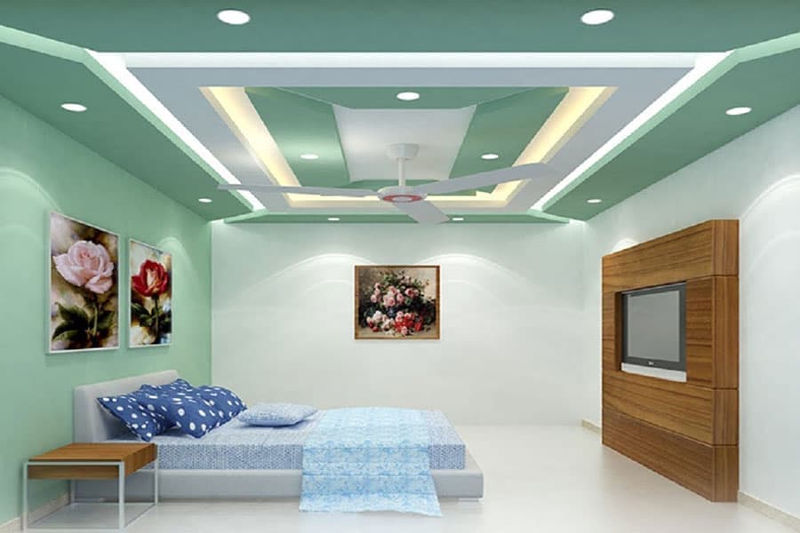 Một mẫu trần thạch cao được sơn màu trắng tinh tế, kết hợp với hệ thống đèn led hiện đại.