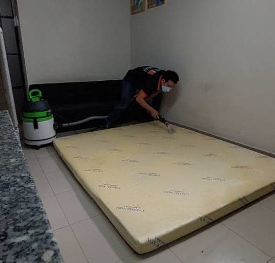 Kỹ thuật viên 1Fix đang thực hiện công đoạn phun dung dịch và làm sạch sâu bề mặt nệm.