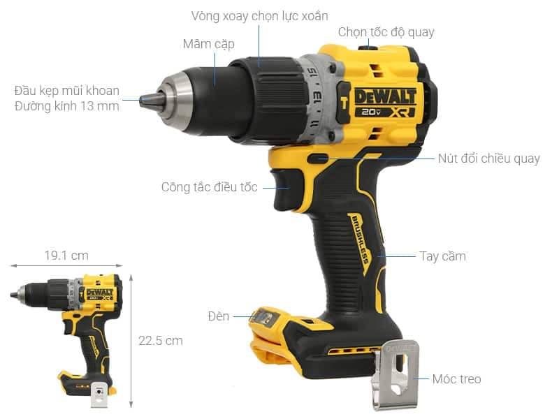 Thân máy khoan pin Dewalt được thiết kế chắc chắn, chịu va đập tốt, phù hợp cho môi trường công trường.