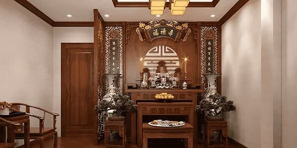 Mẫu đèn gỗ thả trần với thiết kế tinh xảo, phù hợp không gian thờ cúng cần điểm nhấn sang trọng mà vẫn giữ được nét cổ điển