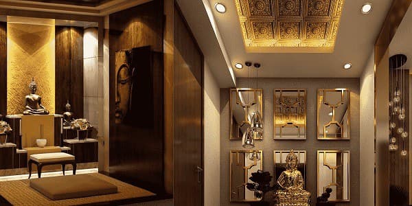 Kiểu dáng đèn gỗ thả trần dạng khối mang đến nét mộc mạc, gần gũi cho phòng thờ