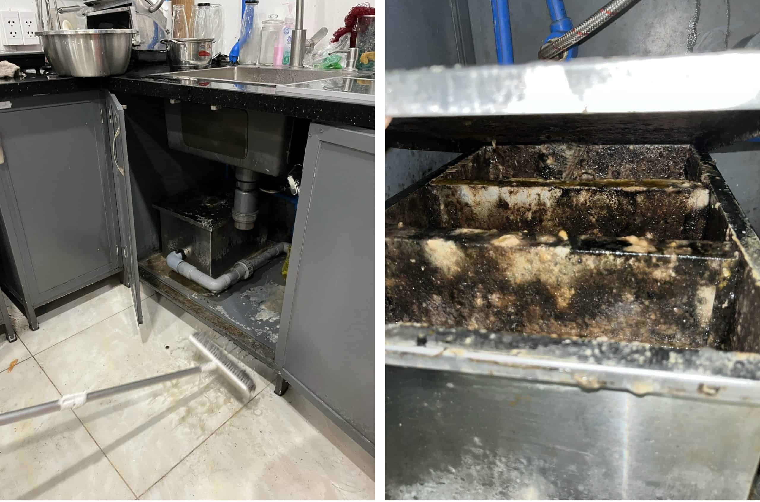 Bể tách mỡ của nhà hàng lâu ngày không vệ sinh bám đầy cặn bẩn và bốc mùi.