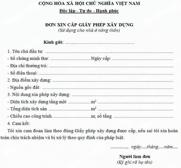 Mẫu đơn xin cấp phép làm mái che sân, một trong những giấy tờ cần thiết khi làm thủ tục