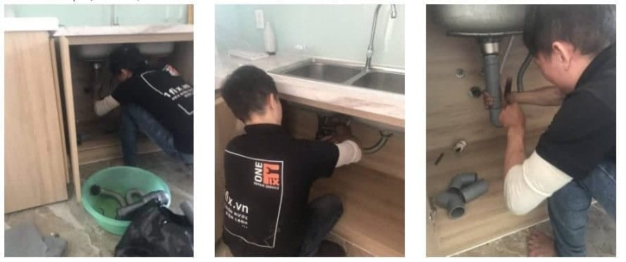 Thợ 1Fix đang kiểm tra và xử lý hệ thống thoát nước bồn rửa chén chuyên nghiệp