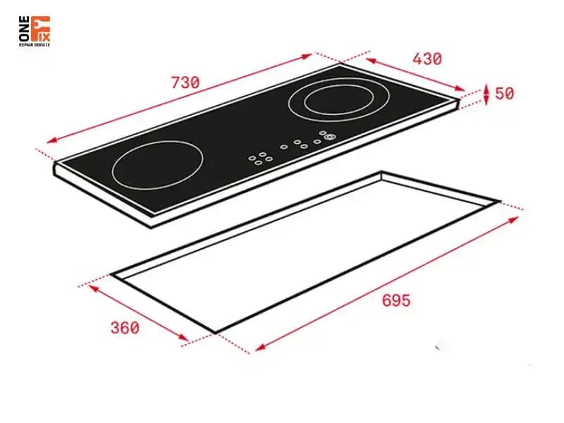Hình ảnh kích thước khoét đá tiêu chuẩn cho bếp từ âm, đảm bảo khoảng cách an toàn.