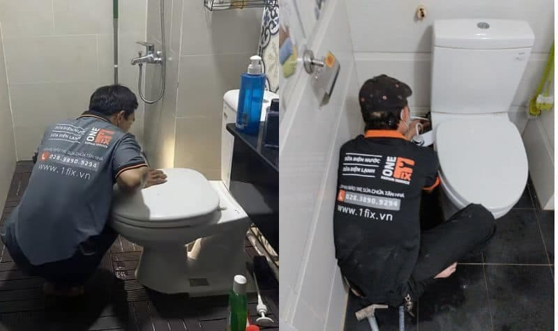 Thợ của 1Fix đang tiến hành sửa chữa, lắp đặt vòi xịt bồn cầu mới.