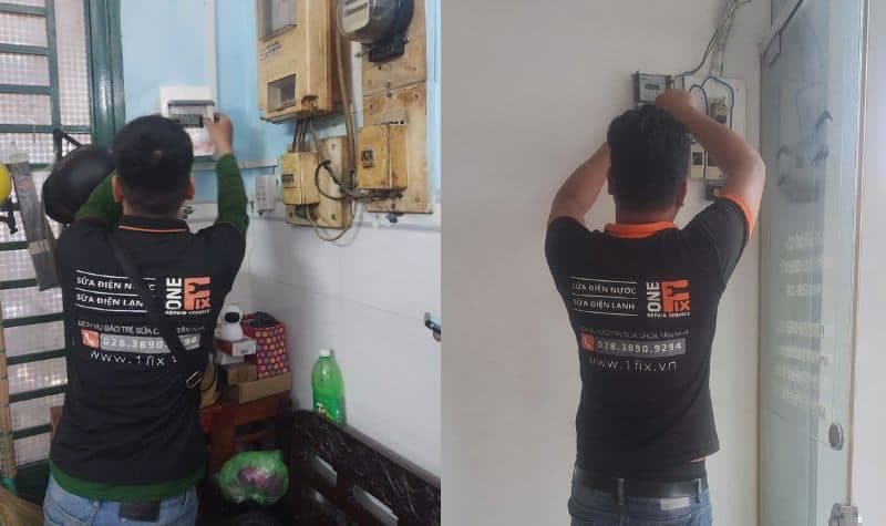 Kỹ thuật viên 1Fix đang tiến hành đi dây và lắp đặt công tắc thông minh.