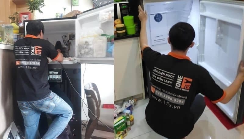 Kỹ thuật viên 1Fix kiểm tra tình trạng không lạnh của tủ lạnh Hitachi