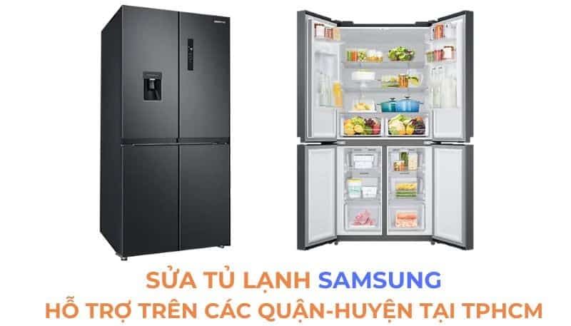 Thợ 1Fix đang kiểm tra và sửa chữa tủ lạnh Samsung tại nhà khách hàng ở TPHCM