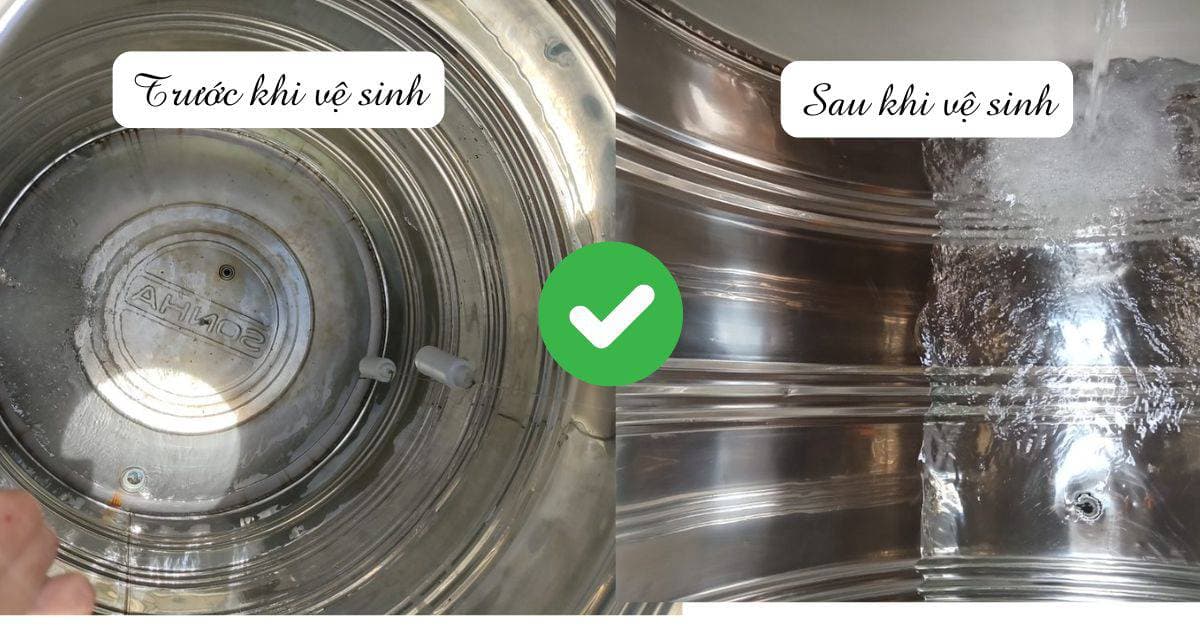 Bên trong bồn nước inox bị bám cặn bẩn và rong rêu sau thời gian dài không vệ sinh