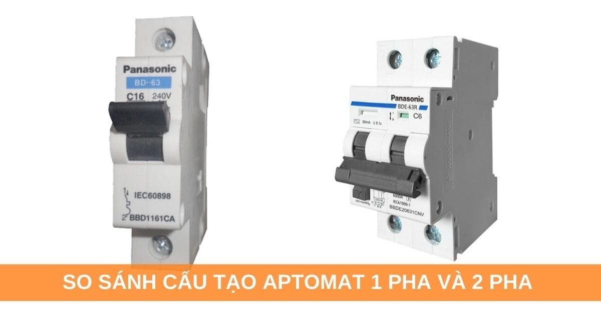 So sánh cấu tạo bên trong của aptomat 1 pha và 2 pha, cho thấy sự khác biệt về số cực và cơ cấu bảo vệ.