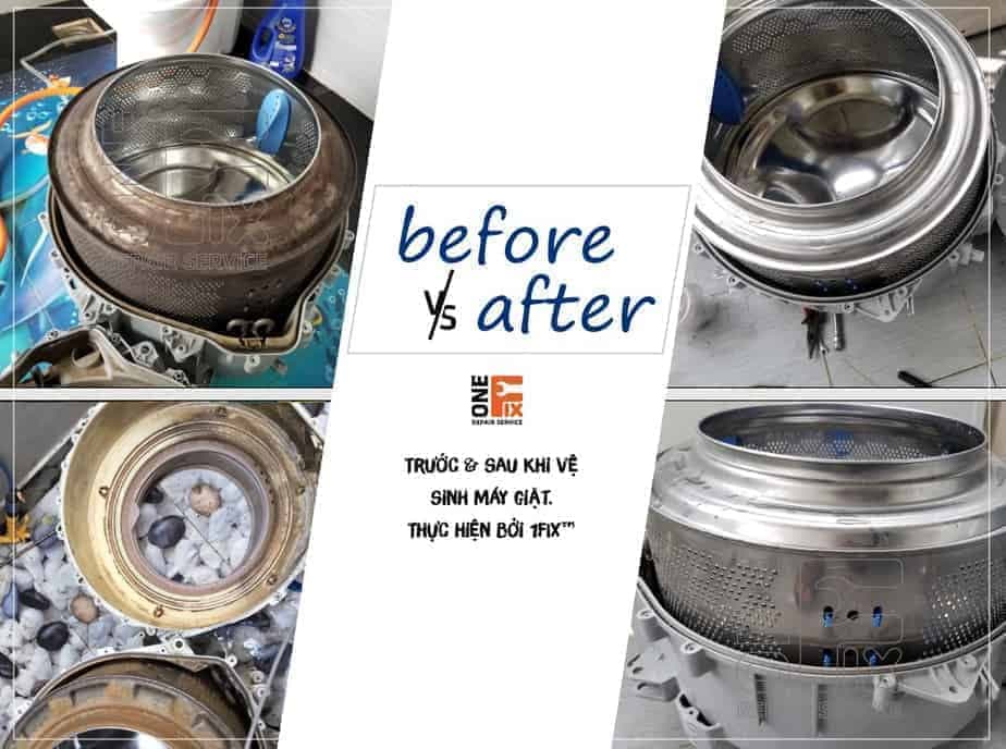 Lồng máy giặt trước và sau khi được 1Fix vệ sinh chuyên sâu