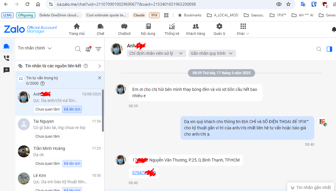 Tin nhắn Zalo khách hàng Bình Thạnh hỏi giá thay bóng đèn