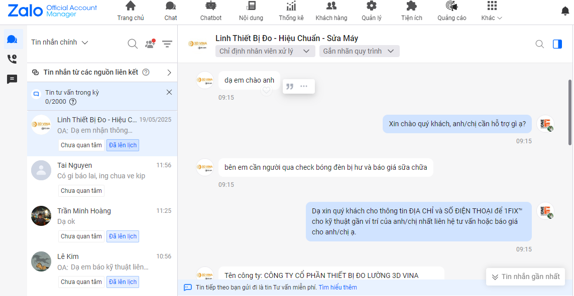Tin nhắn Zalo khách hàng hỏi báo giá check bóng đèn bị hư